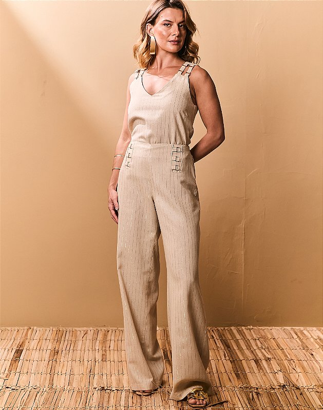 WIDE LEG LINHO LISTRA DOURADA