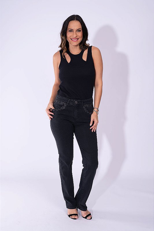 CALCA RETA JEANS BLACK BORDADA